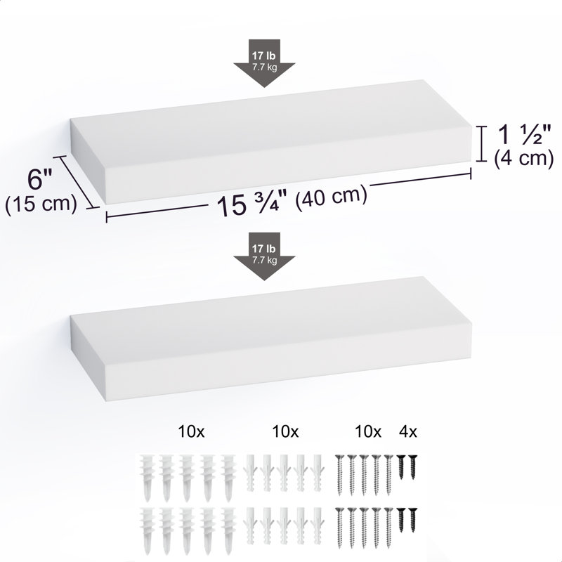 White Veneered 16" Floating Wall Shelves with Invisible Brackets, 2-Pack