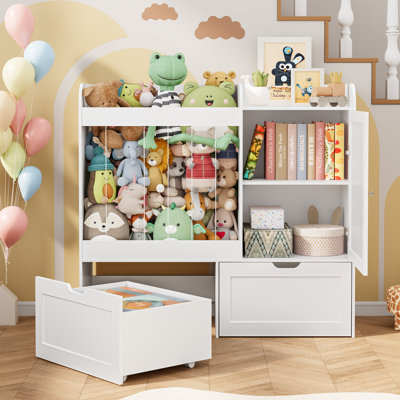 37.4"h Toy Storage Organizer With Stuffed Animal Storage, Toy Organizer With Magnetic Whiteboard, 2 Movable Drawers, Wooden Toy Organizers And Storage