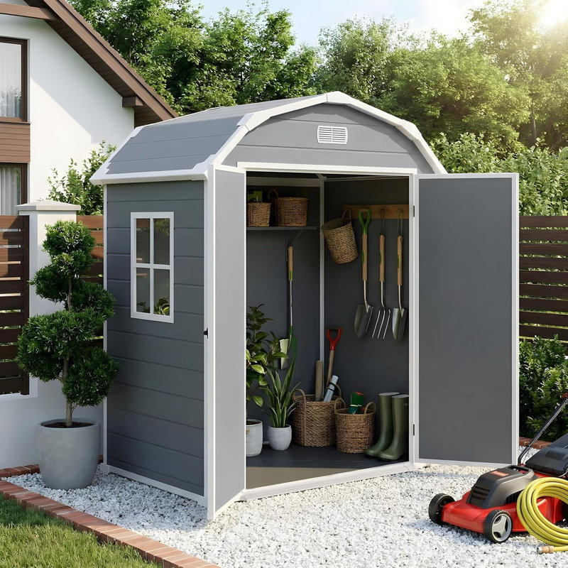 Remise de rangement extérieure en résine 6 pi x 4,5 pi avec plancher, rangement de jardin résistant aux intempéries pour la cour arrière, remise en plastique durable avec portes doubles pour outils et équipement