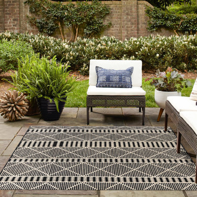 Outdoor Preen Area Rug Black-Ivory Color