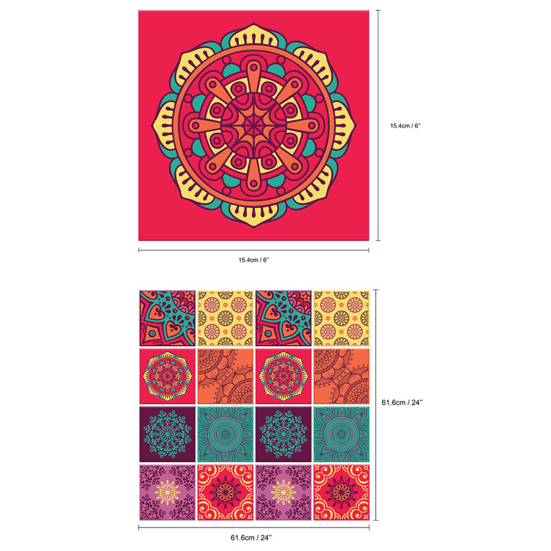 Colourful Mandala Spanish Glossy 3d Sticker Tile 15.4 Cm (6 in) - 16pcs in a Pack