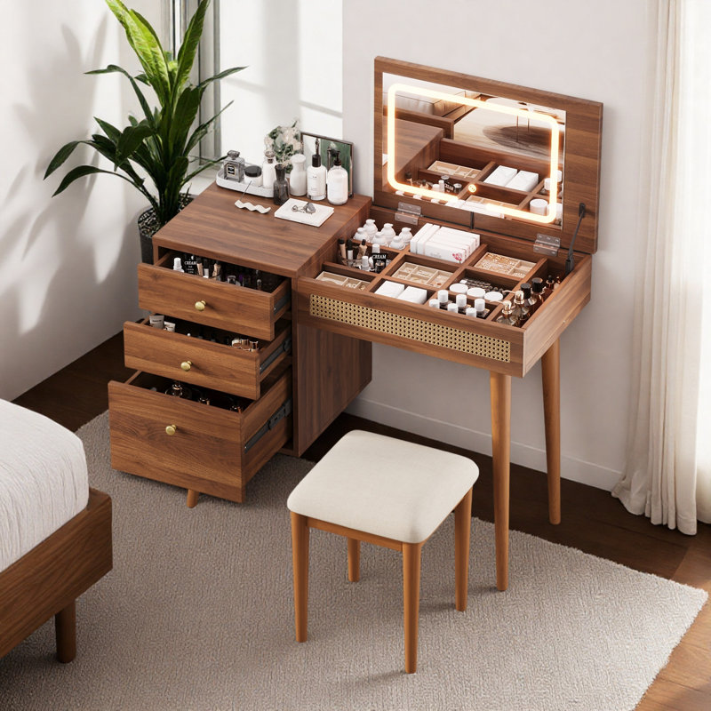 Retro Bohemian Style Vantiy Desk With Mirror And Led Lights