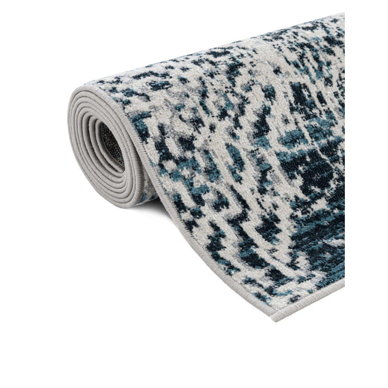 Tapis bleu marine / ivoire en polyester tissé à la machine Massie, Tapis de couloir 2 pi x 4 pi 1 po