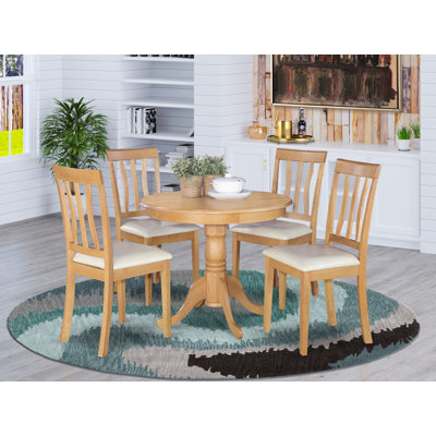 Ensemble de mobilier de salle à manger 5 pièces comprenant une table de cuisine ronde avec piédestal et 4 chaises de salle à manger rembourrées en similicuir, 36 x 36 pouces, chêne