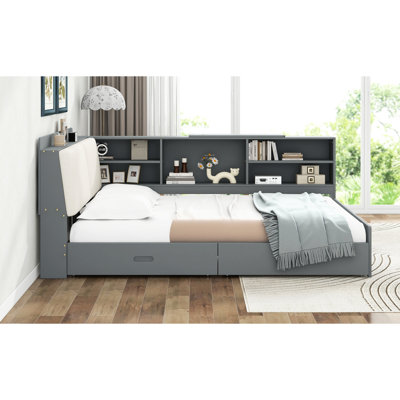 Full Size Gray Wood Platform Bed With Storage Headboard, Built - In Shelves, 2 Drawers And Stable Structure Support
