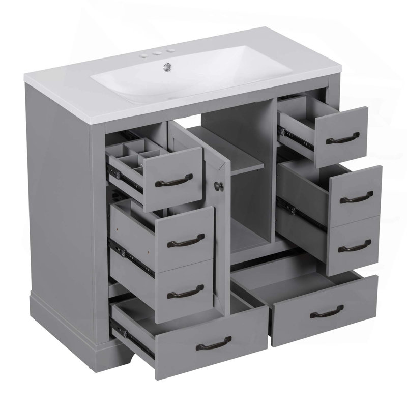 Ensemble de meuble-lavabo 36 po avec évier, six tiroirs, diviseur de tiroir multifonctionnel, tablette réglable, Gris, Noir