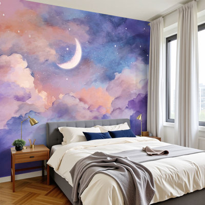 Papier peint adhésif auto-adhésif moderne l 144 po x H 100 po pour chambre à coucher, aquarelle, nuages de lune, pastel doux, fantaisie, ciel nocturne magique
