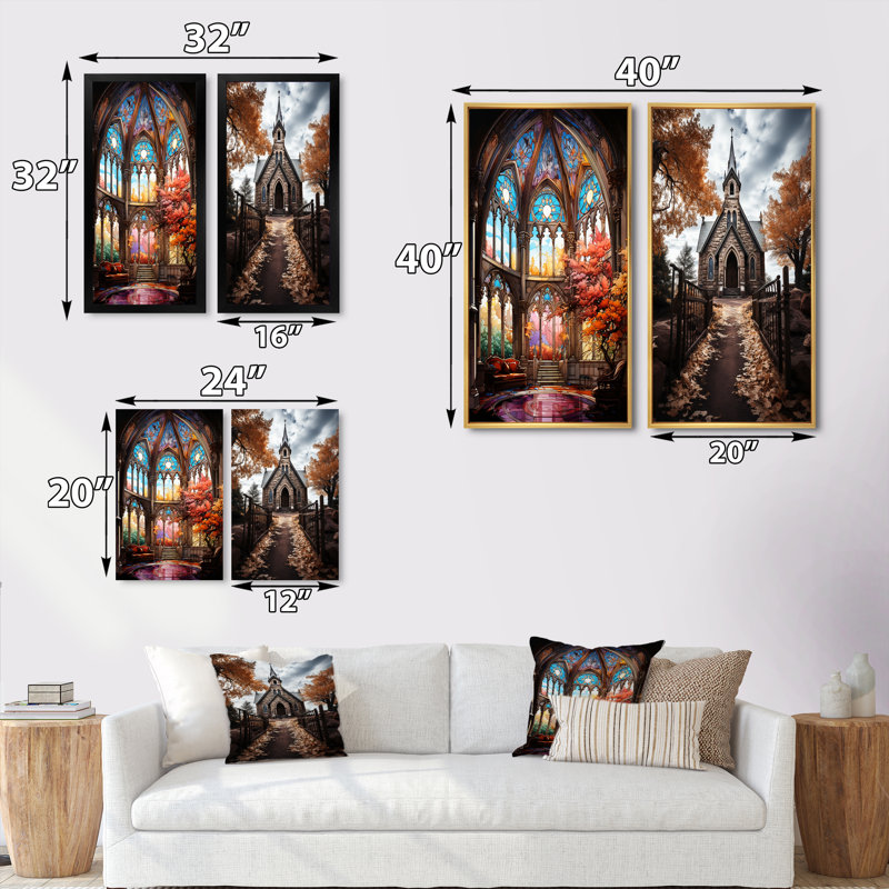 «Vitrail d'église», 2 pièces sur toile, Cadre noir, H 20 po x l 24 po