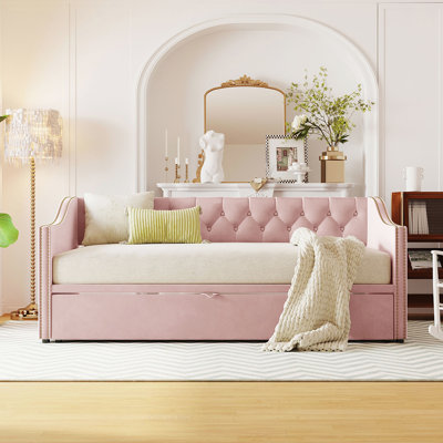 Twin Size Upholstered Daybed with Pop Up Trundle, Elegant Velvet Design for Versatile Home Decor and Comfortable Sleeping by Rosdorf Park