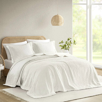 Ensemble de couvre-lit pour grand lit 3 pièces, élégant chenille floral avec bordure chic, mélange de coton, respirant léger pour toutes les saisons, chaleur surdimensionnée, peluches, collection Entretien de la machine, frangé