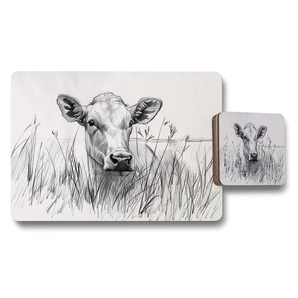 Cow Sketch Placemat And Coaster Set Black And White Farmhouse Decor