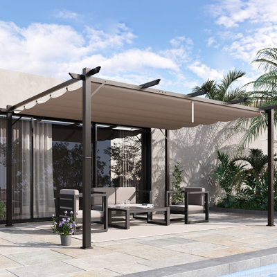 Pergola d'extérieur 10 'x 13' avec toit rétractable - Pavillon de jardin en aluminium Brun, solide et stable, abat-jour réglable, résistant à l'eau, pavillon de jardin à structure brune dans la cour, barbecue, porche