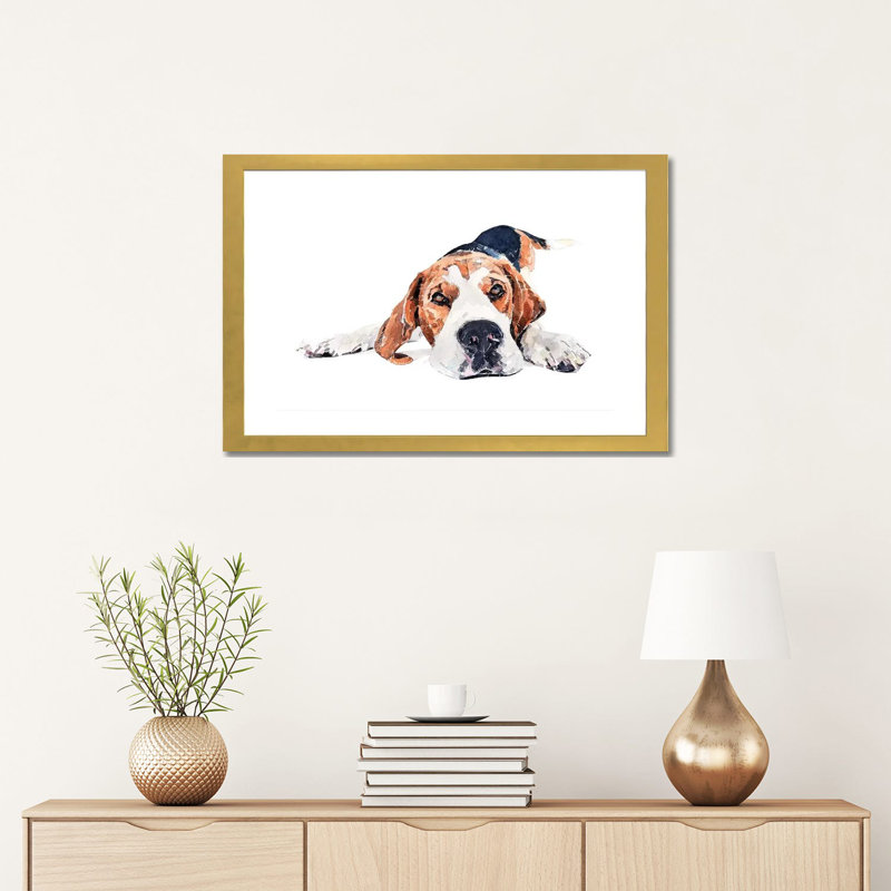 « Beagle Play Time » par Edwatercolours-impression, Blanc, H 16 po x l 24 po x P 1 po, Papier encadré doré