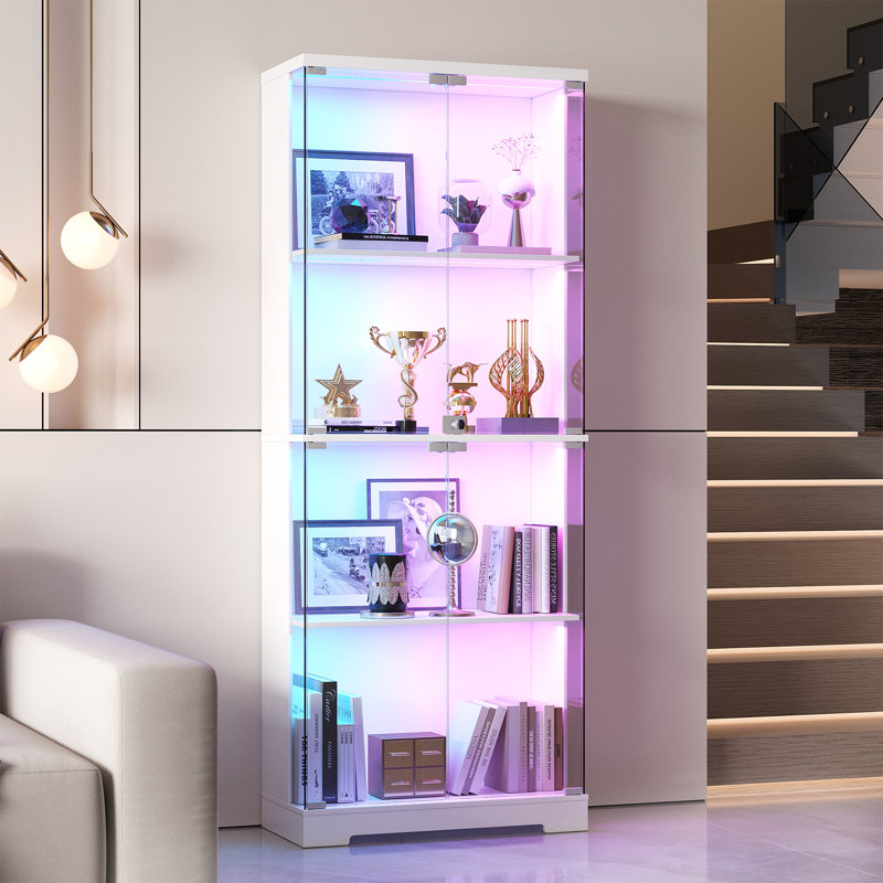 4-Tier Glass Display Cabinet With RGB Sensor Light And Lock, White