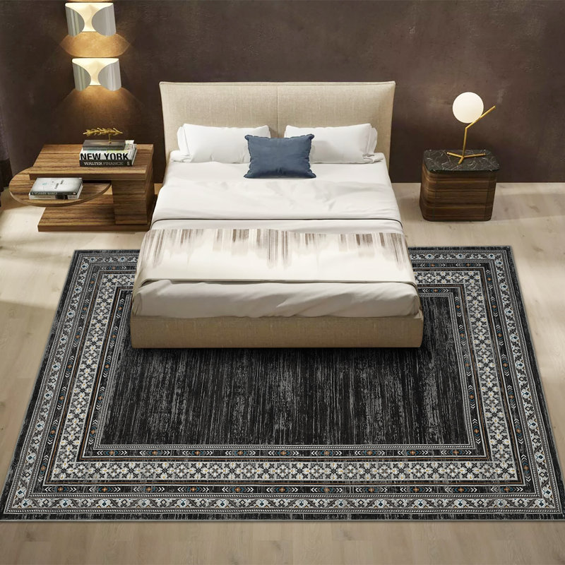 Washable Area Rug Modern Bordered Rug Non Slip Floor CarpetNon Shedding Neutral Rugs for Kitchen Bedroom Living Room, Black