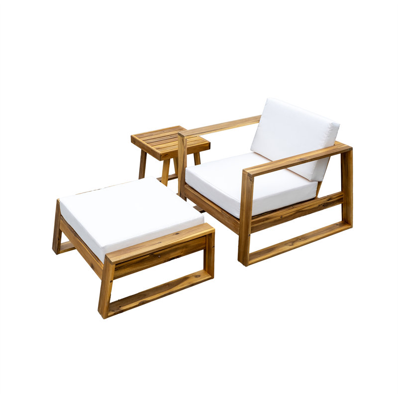 Acacia Wood Outdoor Lounge Set - Chair And Ottoman With Removable Cushions, Beige