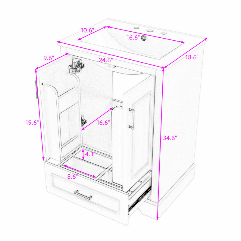 Meuble-lavabo compact avec lavabo en céramique, tiroir et armoire de rangement, Grey