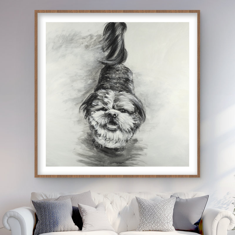 Dessin de chien heureux - reproduction encadrée pour la décoration intérieure
