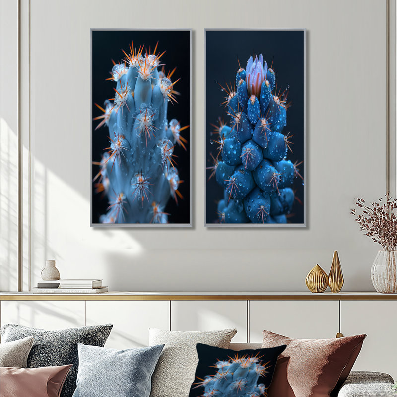 Cactus monochrome orange, bleu, désert, lueur I - ensemble de 2 cactus floraux, H 40 po x l 40 po, Impression encadrée