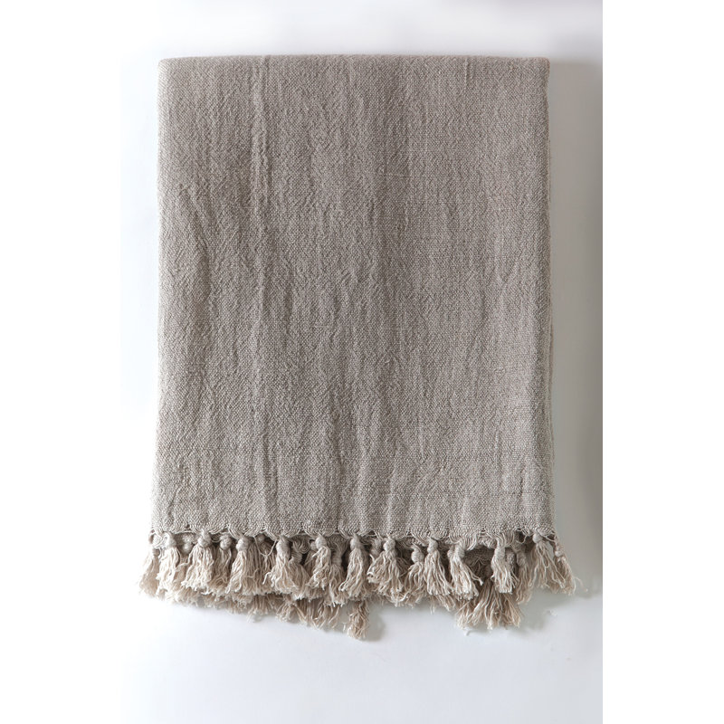 Natural Linen Knitted Throw Blanket with Fringe