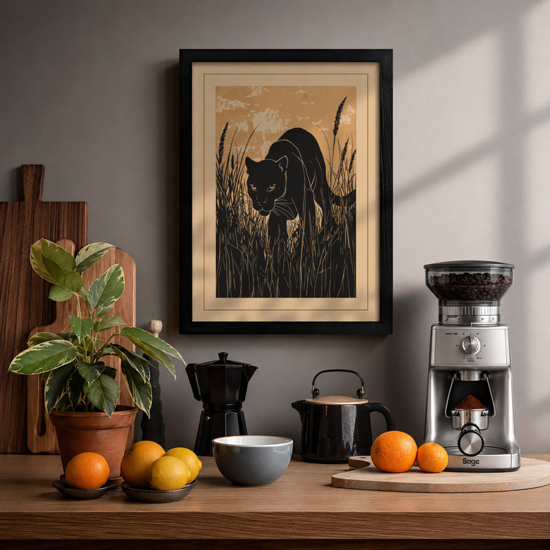 Cat in Tall Grass Japandi - Framed Print, A4 - 29.7 x 21.0 cm, Black