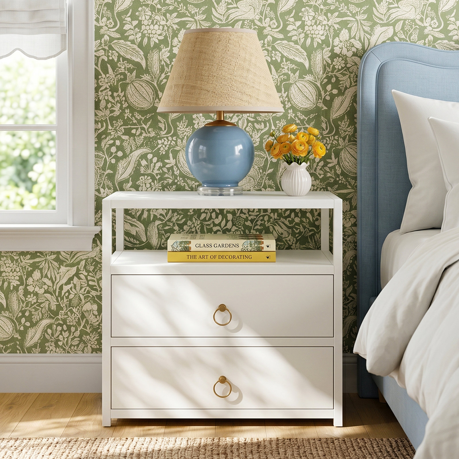 Elin 2-Drawer Acacia Nightstand, White
