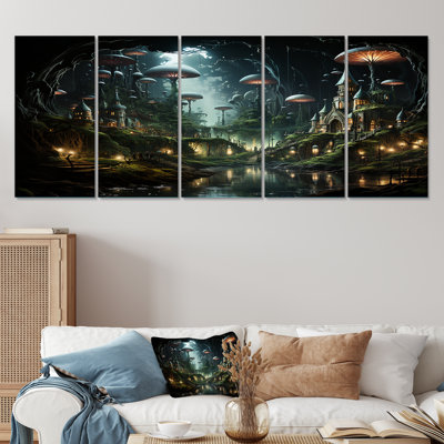 Enchanted Surreal Mushroom Haven - Surrealism Landscape 5 Piece Wall Art