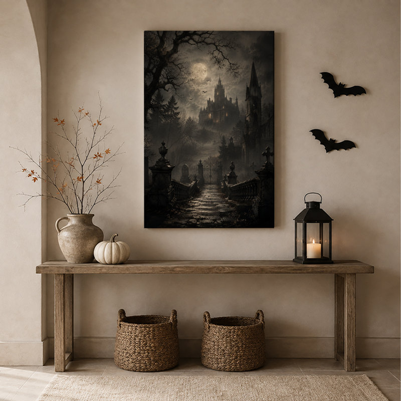 Art mural sur toile gothique Mansion Under Full Moon Above Foggy, H 40 po x l 28 po