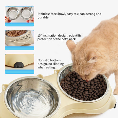 Yellow Double Stainless Steel Pet Bowl Feeder,Non-Slip Base Cat & Dog Food and Water Bowl Set,Detachable Design,Easy to Clean Feeding Dish for Kittens and Small Pets