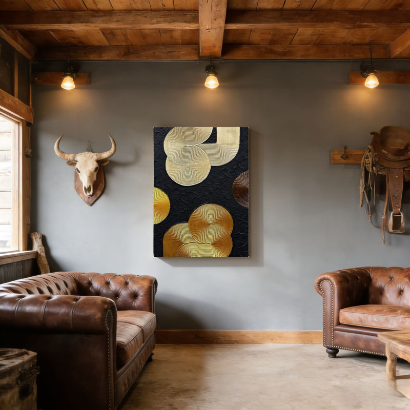 Abstrait noir et or, art mural en bois à l'arrière, 30 L x 20 l