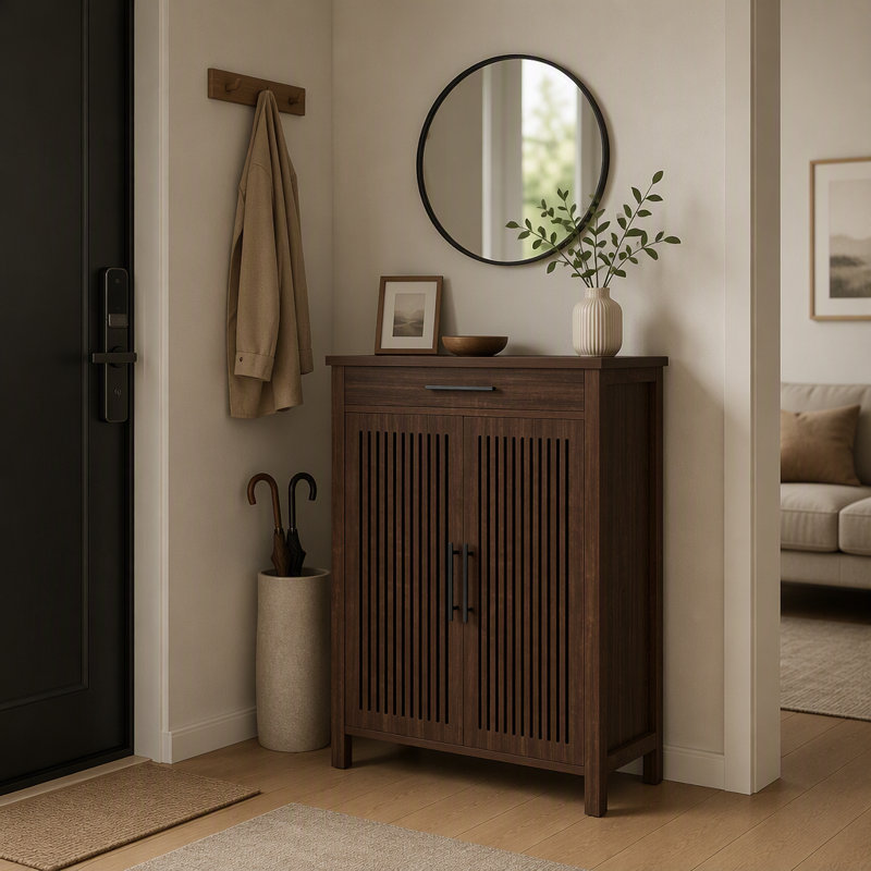 Armoire à chaussures rétro avec tablettes réglables et tiroir pour le rangement organisé du vestibule, Noyer foncé