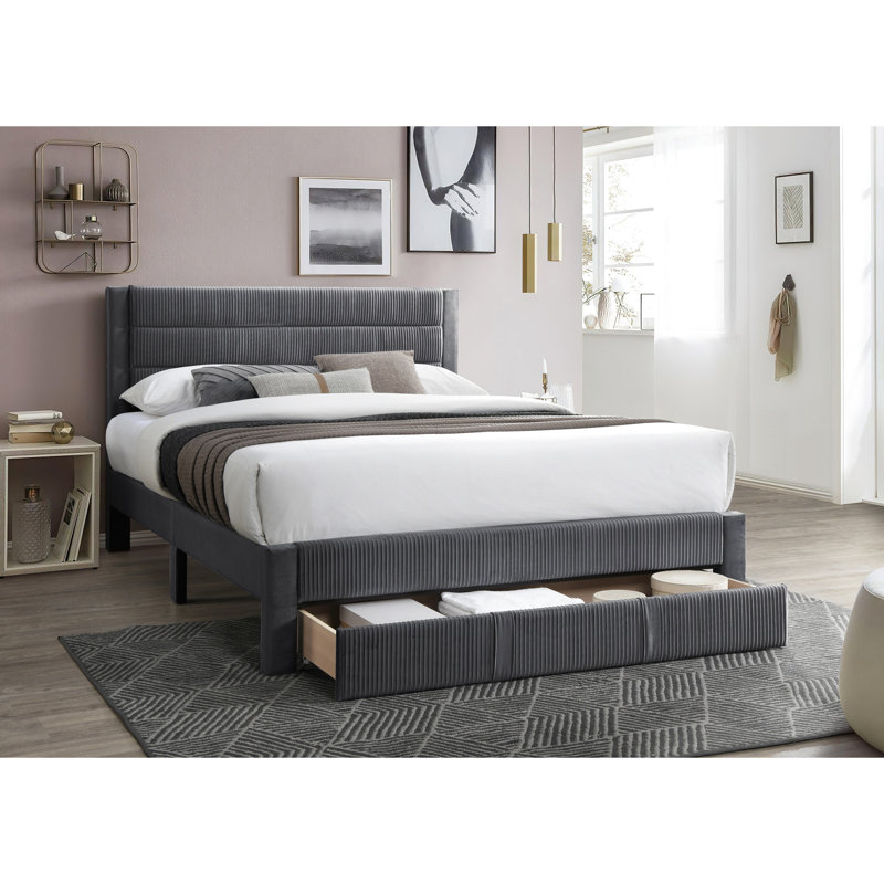 Grand lit contemporain en velours côtelé gris foncé avec plateau de rangement rembourré, Gris anthracite