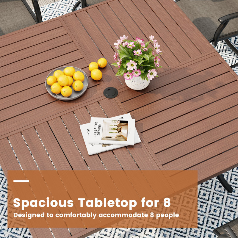 8-Person Square Outdoor Dining Set with 59" Metal Dining Table and 8 Rattan Dining Chairs, Brown/Walnut