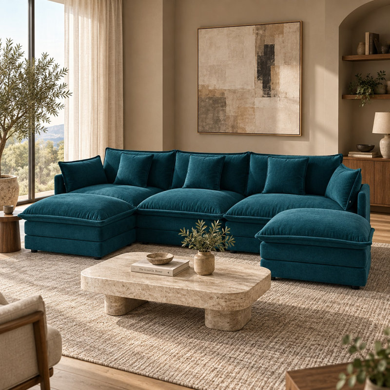 Canapé d'angle modulaire surdimensionné 3 places en chenille avec 2 poufs, design lounge à double méridienne