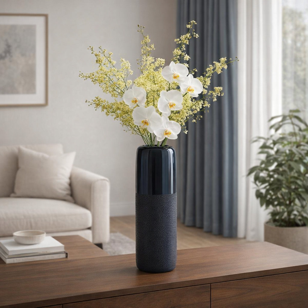 Rachael Stoneware Table Vase, 18" H x 6" W x 6" D, Etched Blue