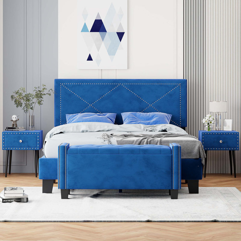 4-Pieces Bedroom Sets Queen Size Upholstered Bed Frame With Rivet Design,Nightstands And Tufted Storage Ottoman,Blue