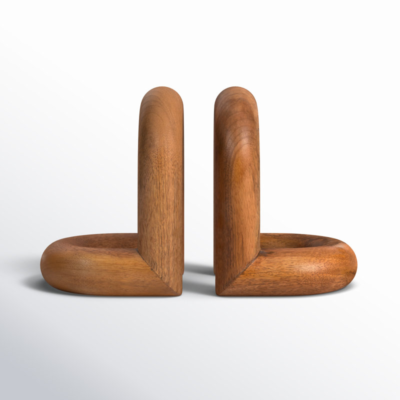 Modern Mango Wood Bookends with Sleek Sculptural Design, Decorative Contemporary Style Accent for Shelving or Office Display, Set of 2