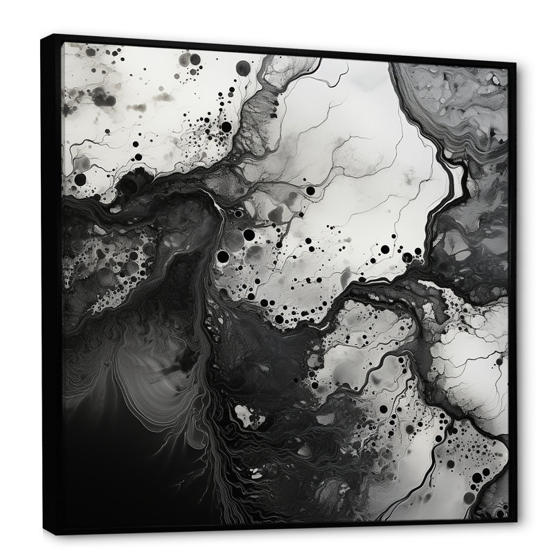 «Black Ink», encre liquide noire et blanche, sur toile, Cadre flottant noir, 36" H x 36" W