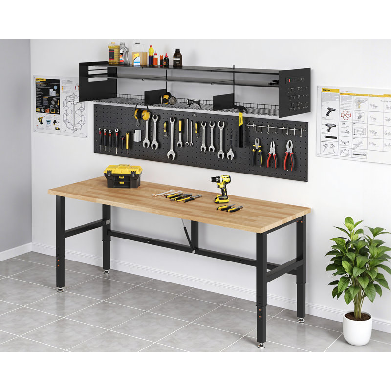 Établi pliable de l 72 po x P 24 po avec support à outils mural, hauteur réglable de 30,7 po à 40 po, prises et crochets, capacité de 1 870 lb pour le garage, l'atelier et le bureau