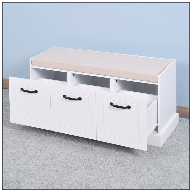 Banc de rangement en bois pour le vestibule avec coussin blanc