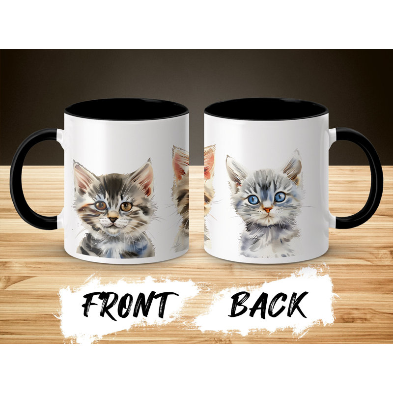 Cat Design 11oz Accent Mug â€“ White Ceramic Coffee Cup with Colored Handle and Interior, Black, 2