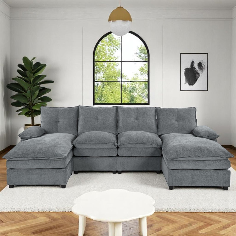 3 Pieces Upholstered U-Shaped Large Sectional Sofa With Thick Seat And Back Cushions, Gray