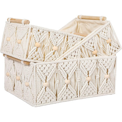 Boho Storage Baskets For Organizing 3 PCS Macrame Woven Decorative Box With Natural Wooden Handles & Beads Cotton Wicker Storage Boxes Bin Set For Tabletop Book Shelf Bathroom Organizer Container