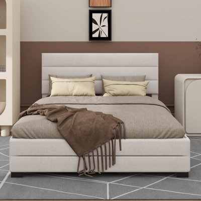 Grand lit plateforme tapissier avec lit gigogne simple et deux tiroirs