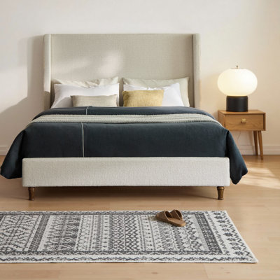 54" Tall Upholstered Bed Frame - Premium Boucle Fabric with Walnut Wood Feet