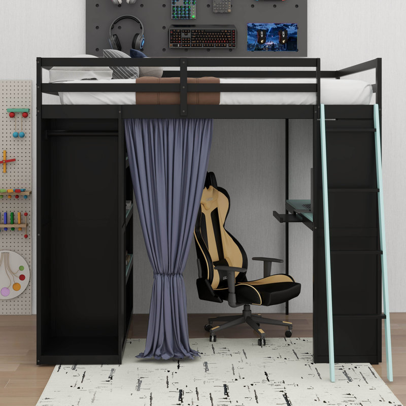 Lit mezzanine double avec bureau et 6 tablettes de rangement, garde-robe, rideau occultant, Noir / Bleu
