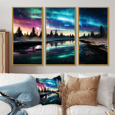 «Blue Northern Lights River Snow Landscape - Aurora Borealis», ensemble de salon d'art mural