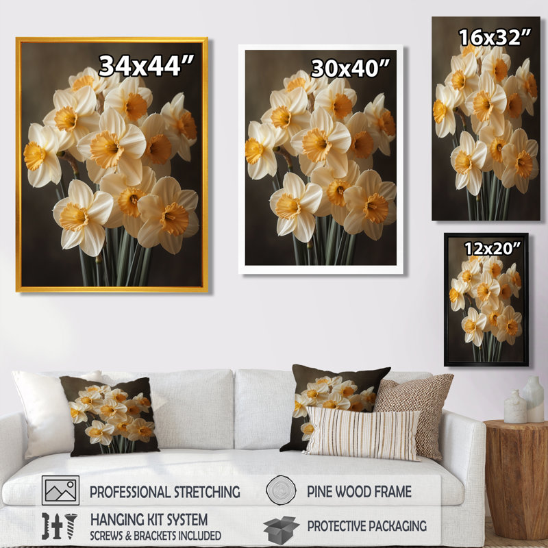 Blanc, jaune, soleil, éclaboussures, jonquilles, jonquilles, art mural, salon, H 24 po x l 32 po, Cadre flottant noir