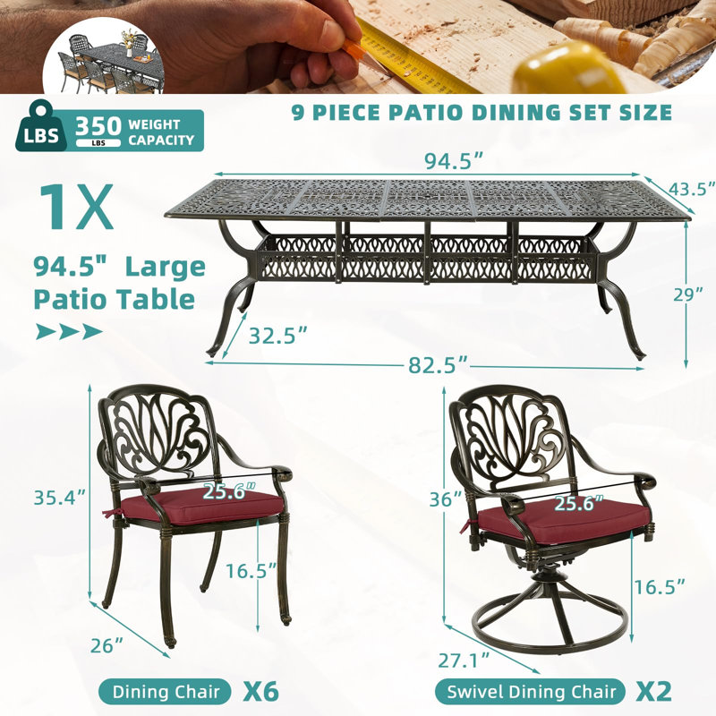 Ensemble de salle à manger de patio 9 pièces pour l'extérieur Meetwarm, Rouge