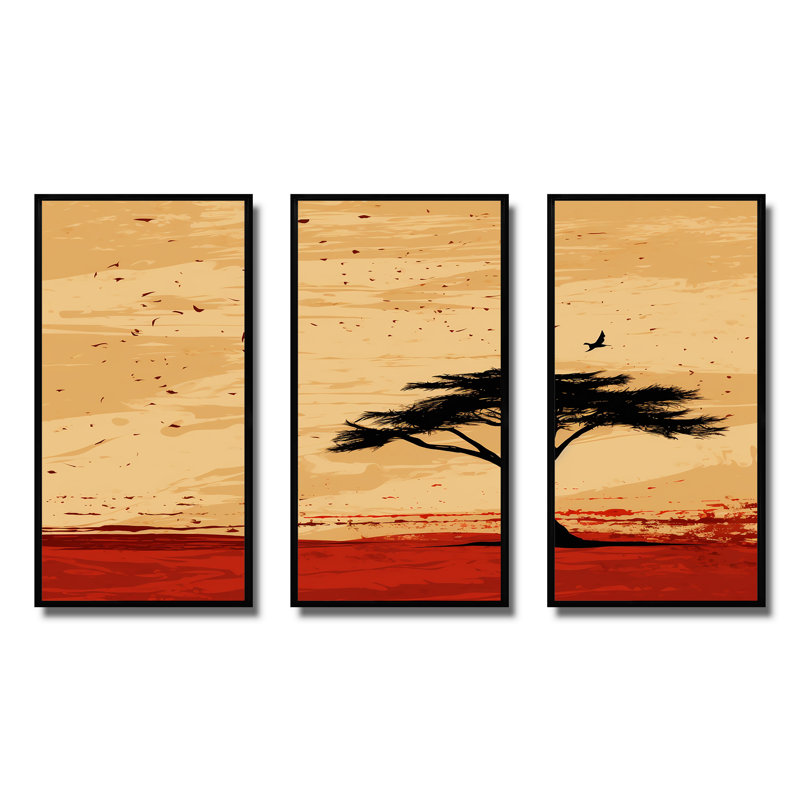 Arbre africain harmonieux 1 - Art mural africain, Cadre flottant noir, H 40 po x l 61 po x P 1 po